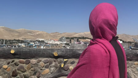The back of a woman with pink shawl in front of houses and mountains.